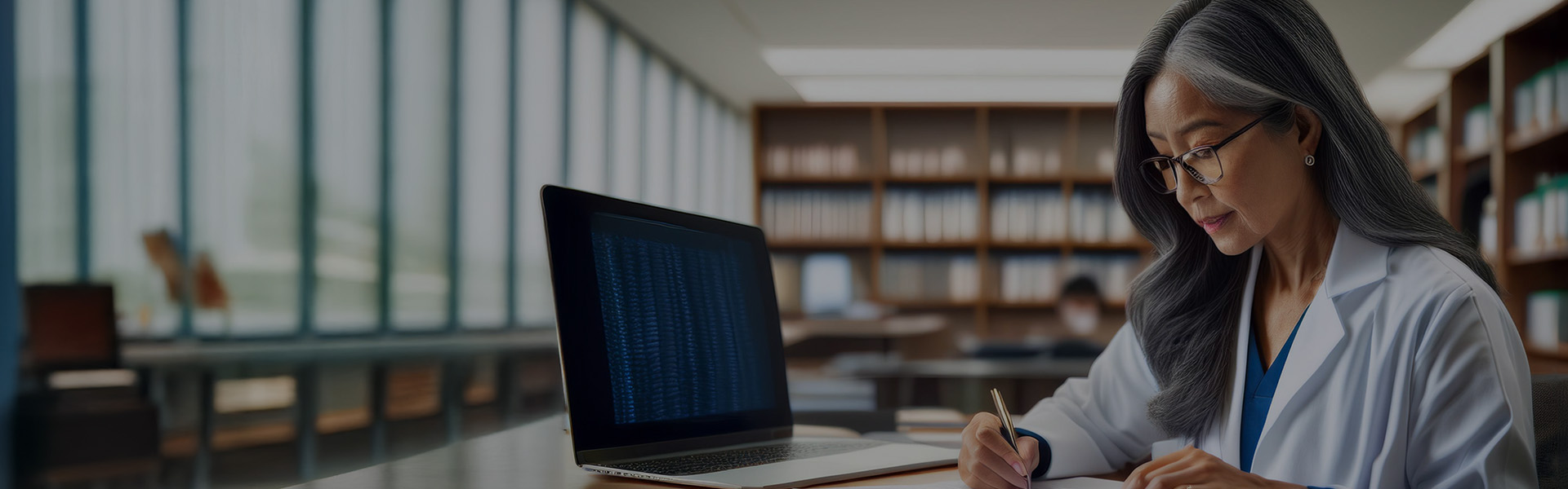 Focused graduate school applicant reviewing research notes in a university library, symbolizing academic ambition and success in grad school admissions.