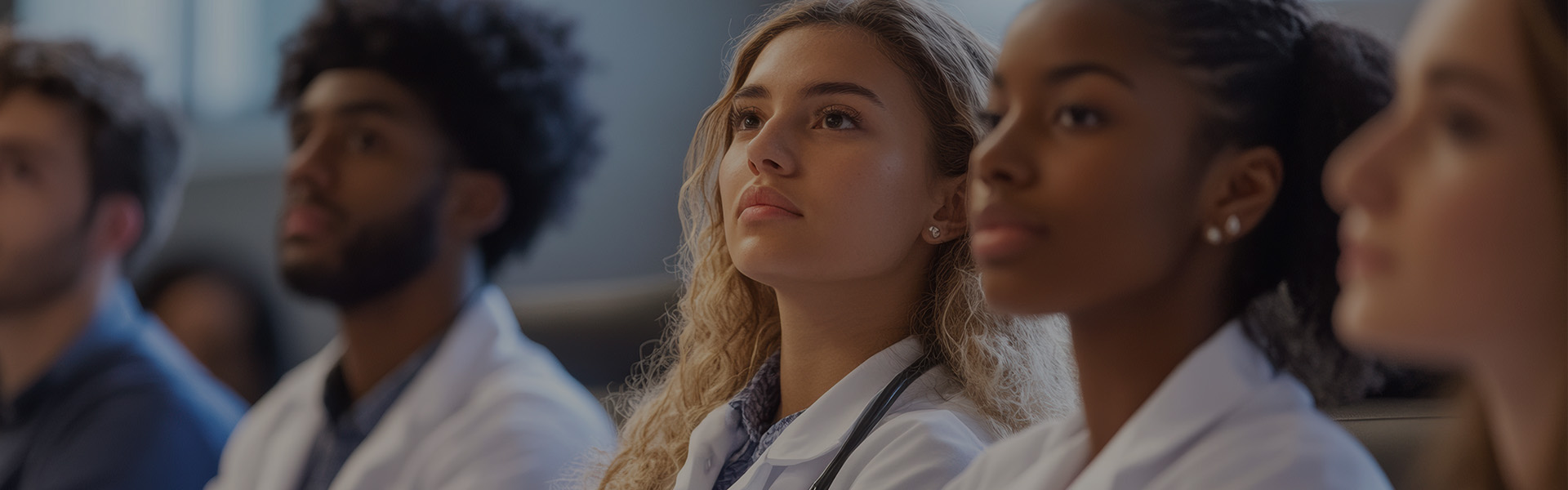 Diverse group of medical school students in white coats attentively listening in a lecture hall, symbolizing ambition and success in med school admissions.