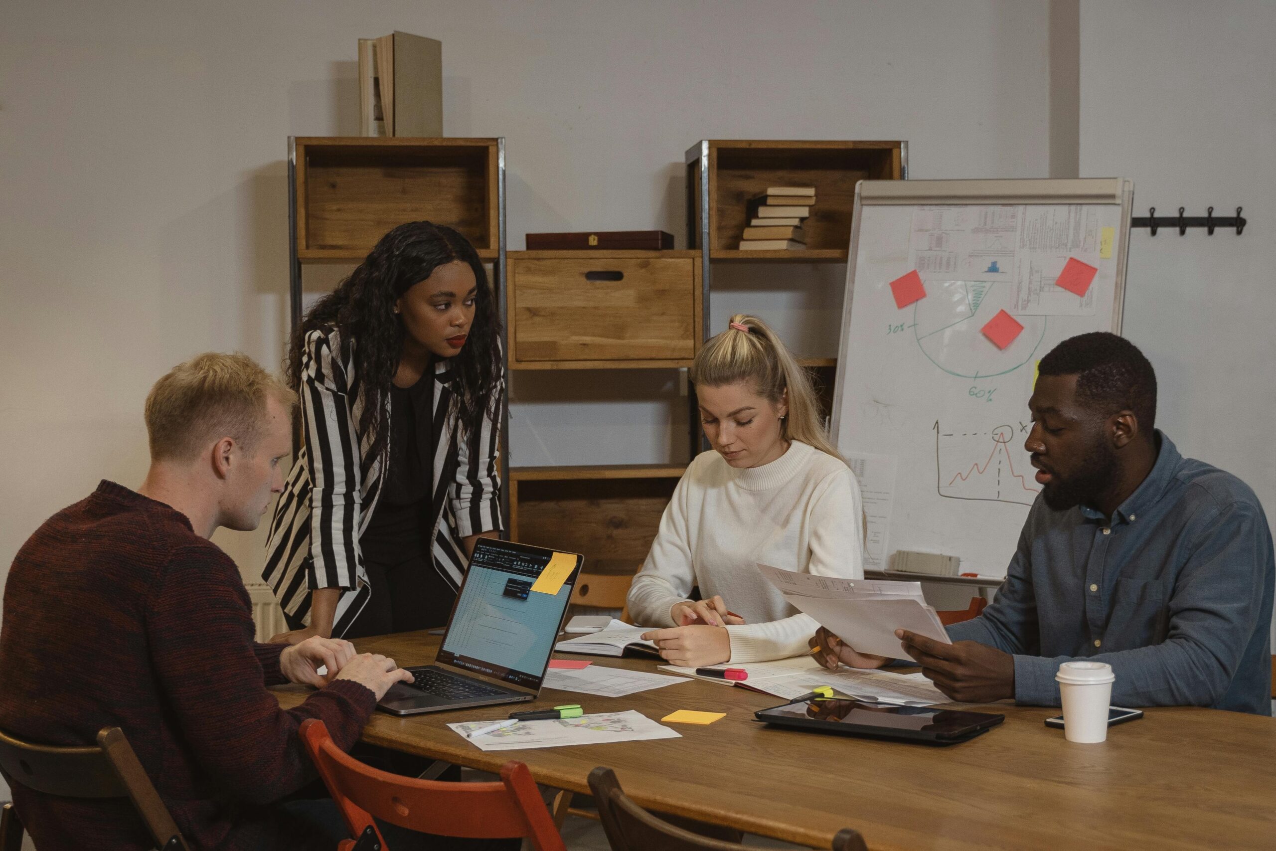 Four business students around work table