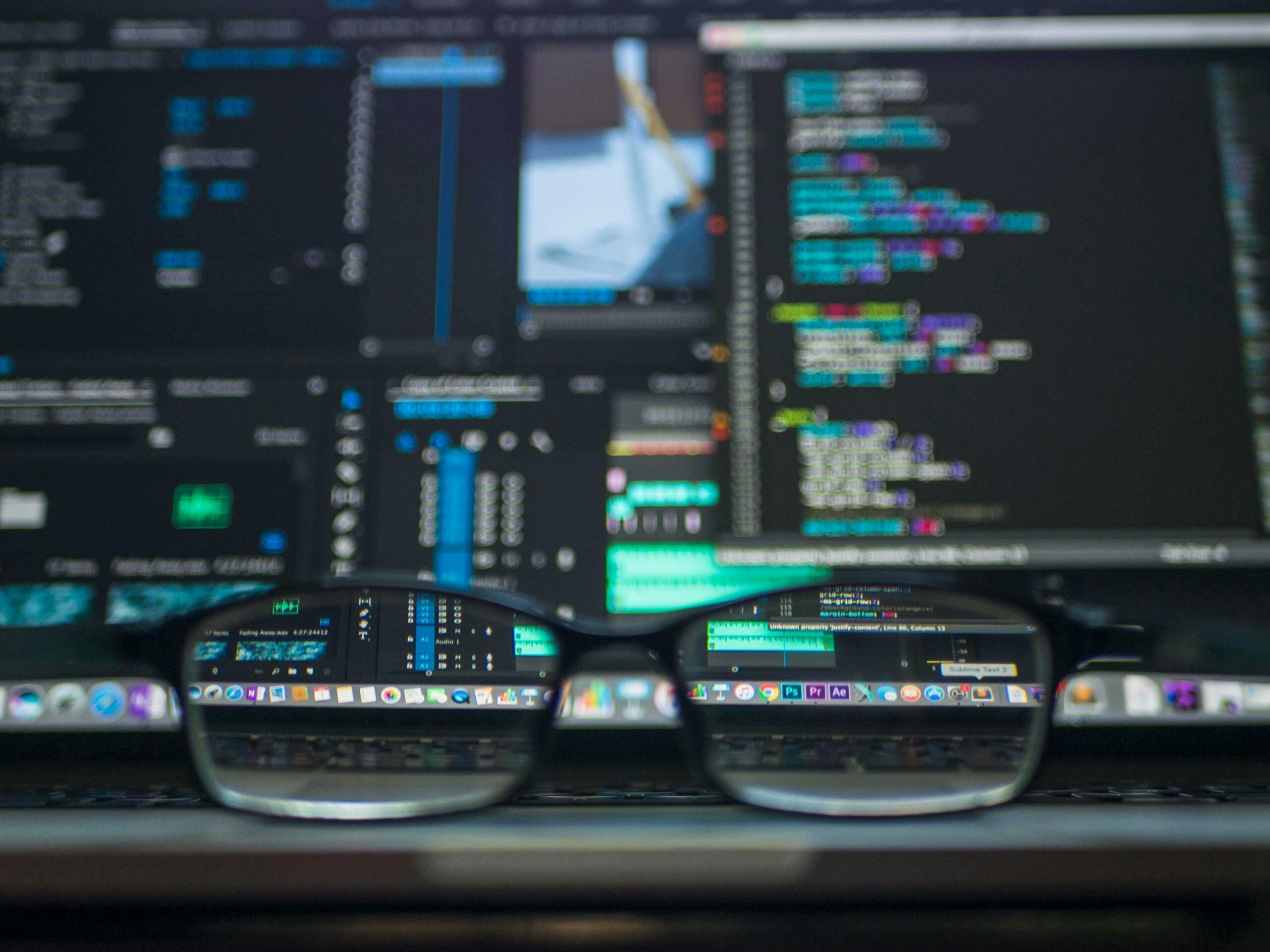 Reading glasses sitting on desk in front of several computer screens with data