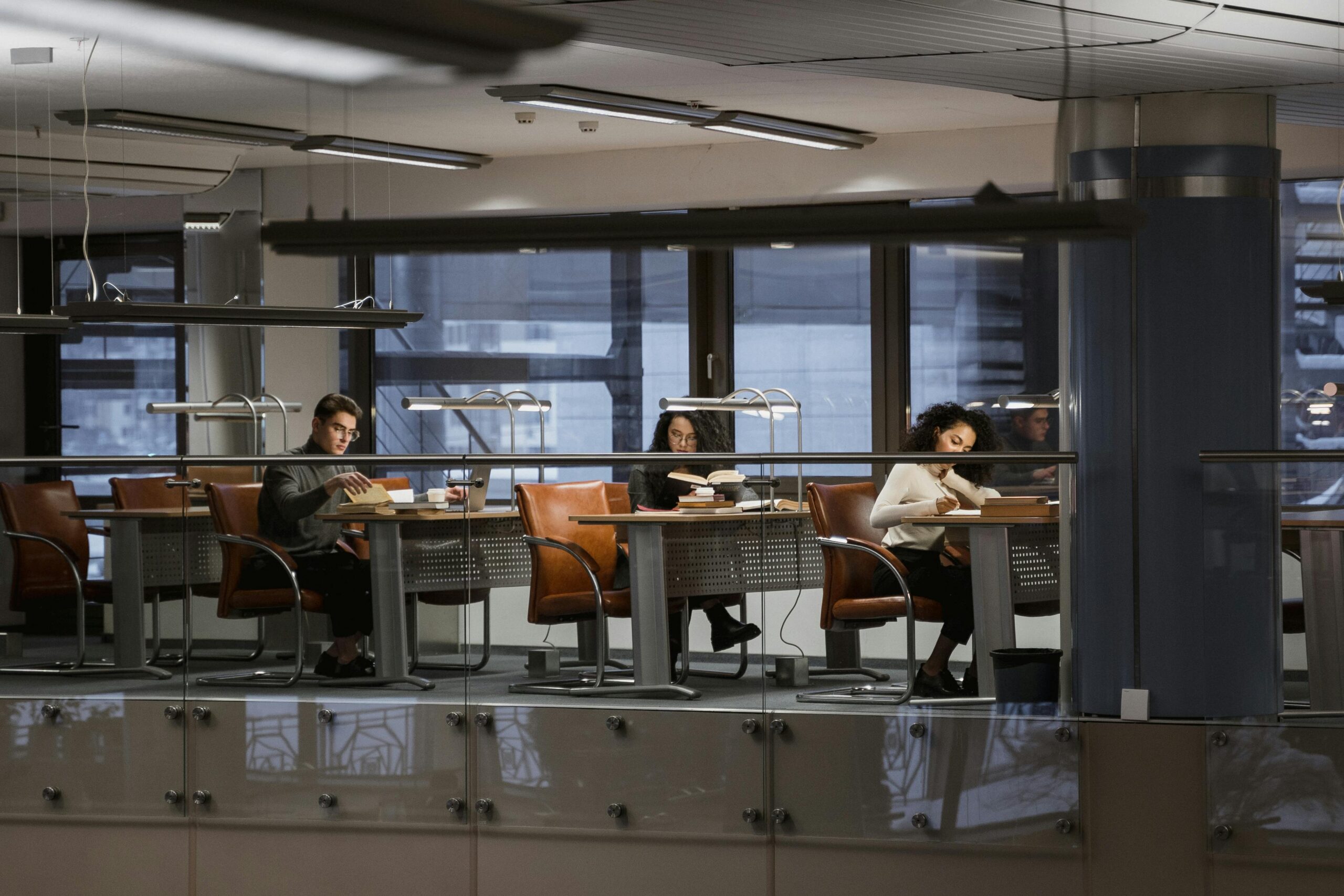 students studying in modern university building