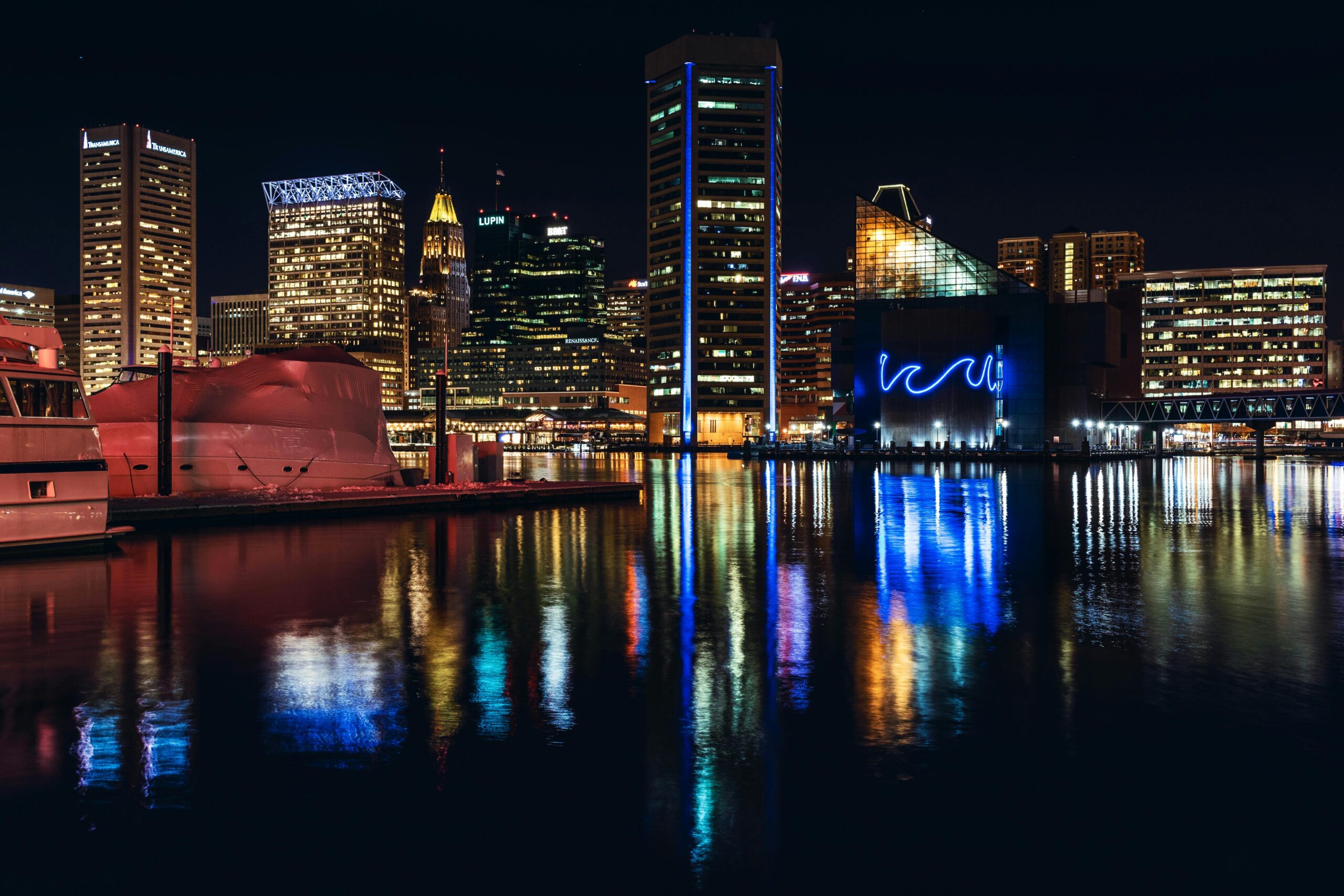 Baltimore night time city scape reflected on the water